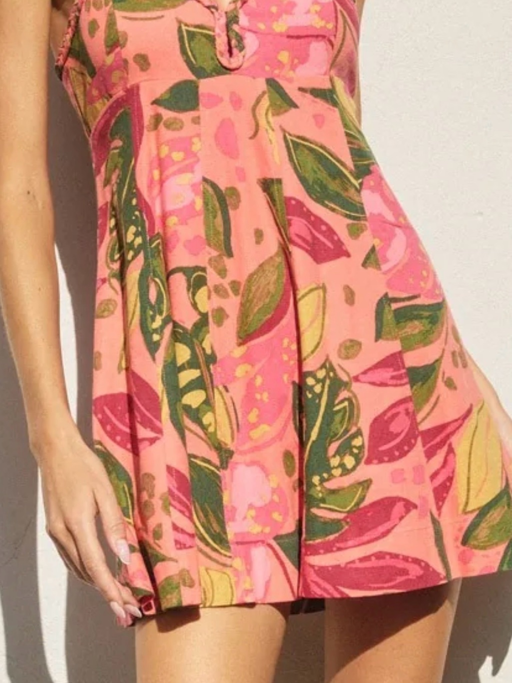 Dress Forum Pink Tropical Leaf Print Mini Dress